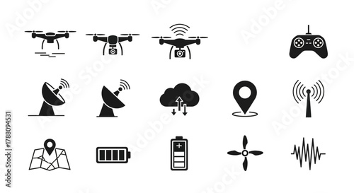 Modern drone technology icons featuring flight, camera, remote control, navigation, and communication symbols for innovation projects