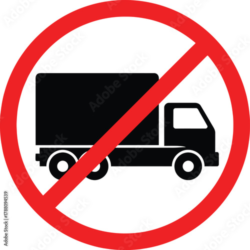 No trucks allowed sign, vector illustration of prohibited heavy vehicle entrance, restriction symbol for commercial transport, and cargo delivery zones.