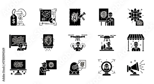 Dynamic collection of modern creative business icons for marketing, design, and innovation strategies