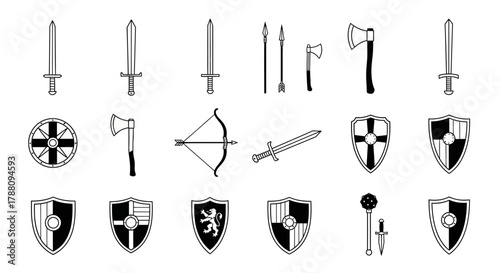 Powerful medieval weaponry collection featuring swords axes shields bows and arrows for historical projects and gaming assets