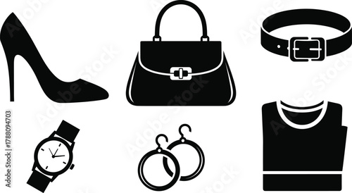 Fashion accessories silhouette vector, women’s style items illustration, handbag shoe belt watch earrings and top icon set, modern fashion design elements
