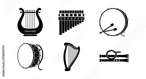 Collection of diverse musical instruments including harps, drums, panpipes and flutes, perfect for creative projects