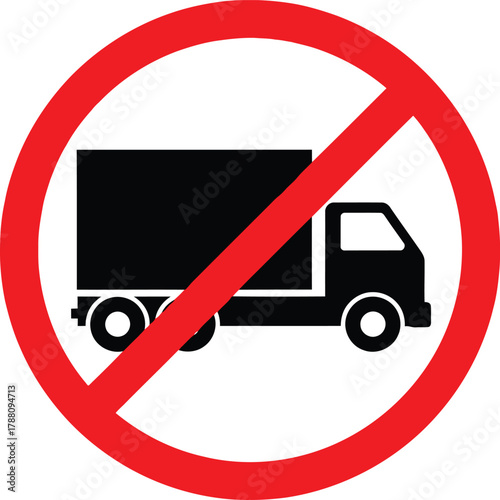 No trucks allowed sign, prohibiting lorries, delivery vehicles, and heavy goods transport in restricted zones, indicating traffic prohibition for commercial vehicles.
