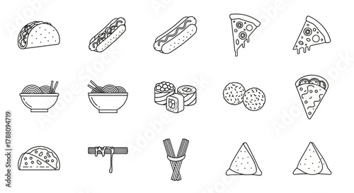 Delicious and diverse food icons showcase popular global cuisine for menus, recipes, and culinary inspiration
