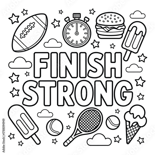Finish strong line art illustration with burger and sports items