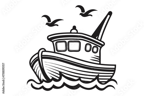 Black and white illustration depicts a fishing boat sailing with seagulls above it