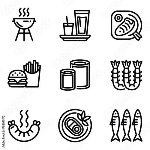 Food Icon Set Showing Various Dishes and Culinary Preparations Isolated