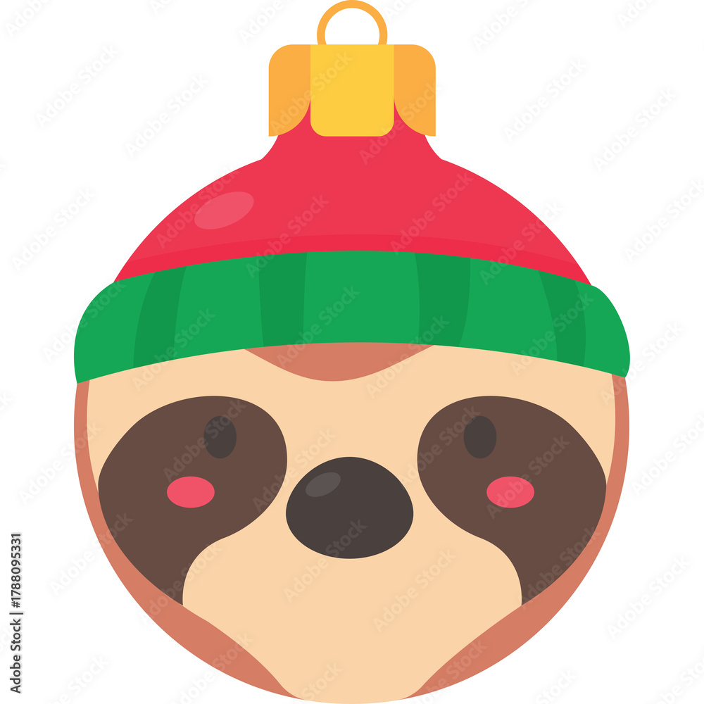 Naklejka premium Cute Sloth Face Christmas Ornament with Red Green Hat Festive Holiday Decoration