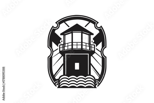 Black and white lighthouse tower stands above stylized water within an ornamental border