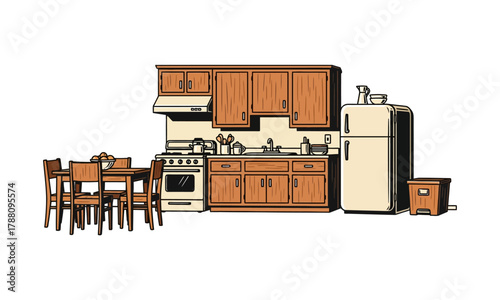 Retro Kitchen Vector Illustration with Wooden Dining Table and Vintage Refrigerator