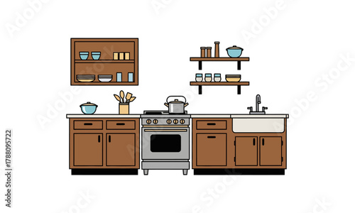 Modern Minimalist Kitchen Illustration with Wooden Furniture and Gas Stove