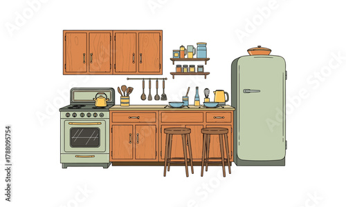 Retro Kitchen Illustration with Wooden Cabinets and Green Vintage Refrigerator
