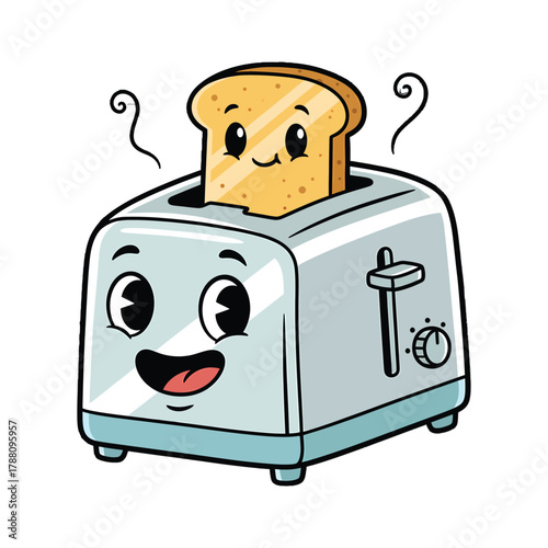 Cartoon illustration of a smiling toaster with a slice of toast popping up on a white background.