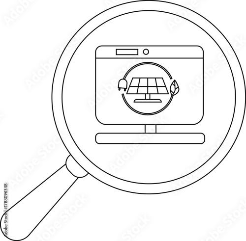 A magnifying glass focuses on a computer displaying a solar panel surrounded by a leaf and a lightbulb