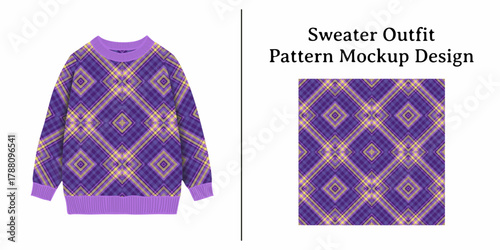 Detailed Sweater Outfit Pattern Mockup Design showcasing intricate geometric rhombus motifs on a vibrant purple garment and its repeating textile texture.