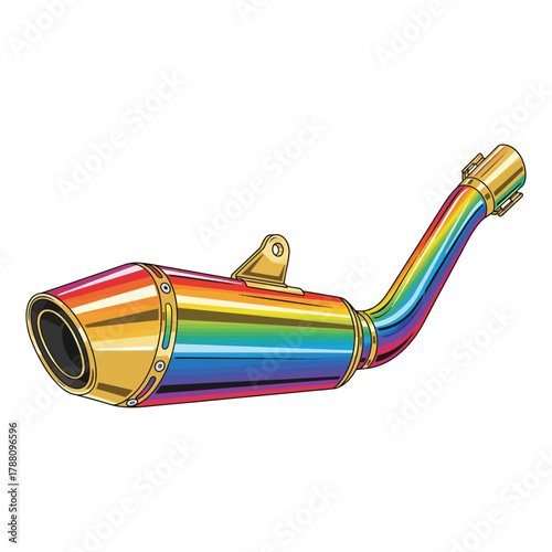 Rainbow-colored motorcycle exhaust pipe with shiny metallic finish on white background