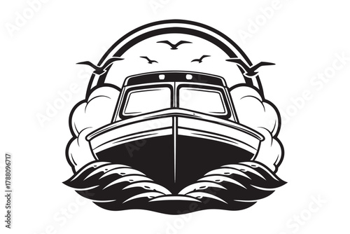 Black and white shows a fishing boat sailing under flying birds