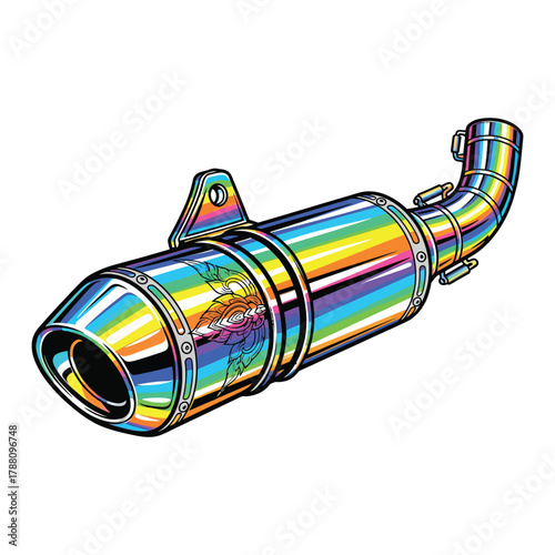 Close-up of a shiny, multicolored exhaust pipe with a rainbow effect against a white background.
