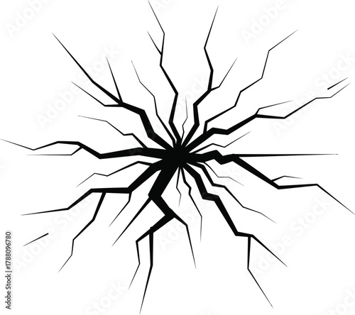 Radial fracture pattern spreading from a central impact point, illustrating damage, shattering, breaking, stress, and vulnerability, an isolated graphic design element.