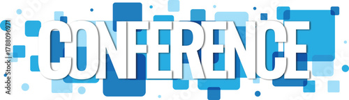 Professional CONFERENCE text over dynamic blue geometric shapes for business events and meetings