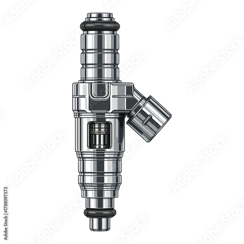 Close-up of a shiny metal fuel injector with a nozzle on a white background.