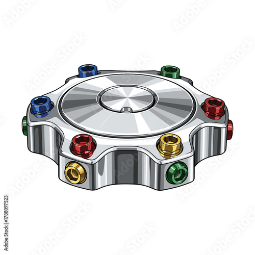 A colorful fidget spinner toy with red, blue, green, and yellow buttons on a white background.