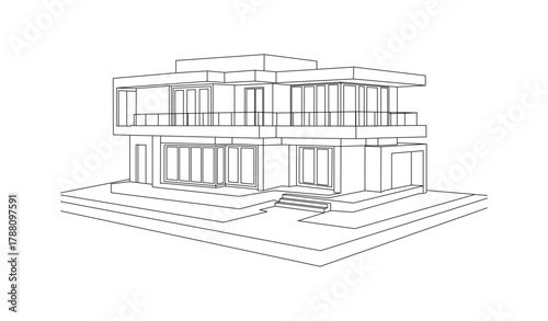 Modern Architectural Design of a Multi-Level Residential House Featuring Open Spaces and Large Windows.