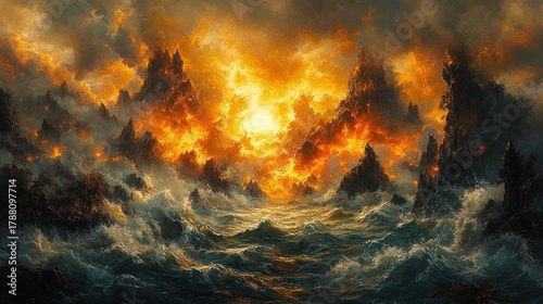 Fiery sunset over dramatic, volcanic sea landscape with turbulent waves and dark, rocky islands.