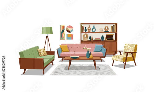 Mid-Century Modern Living Room Illustration with Retro Sofa and Artistic Decor