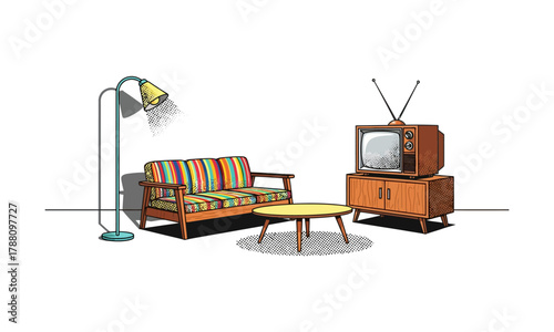 Retro Living Room Illustration with Colorful Sofa, Classic TV, and Vintage Floor Lamp