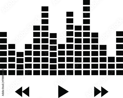 Digital audio equalizer graphic with playback controls showing sound waves, frequency spectrum, and volume levels for music and media interfaces