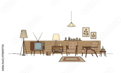 Retro Living Room Illustration with Wooden Chairs, Vintage TV, and Classic Decor