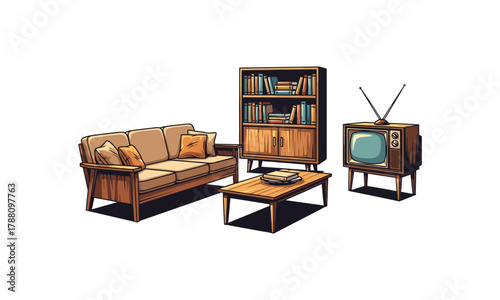 Retro Living Room Illustration with Sofa, Bookshelf, and Vintage Television