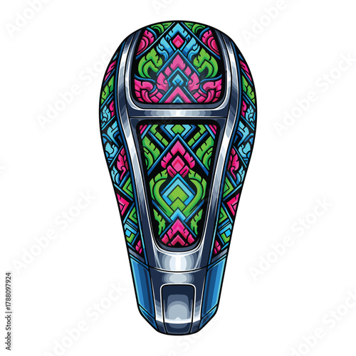 Colorful bicycle seat cover with intricate pattern on white background