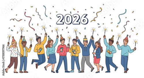 Diverse group of happy people celebrating new year s eve 2026 with sparklers and confetti