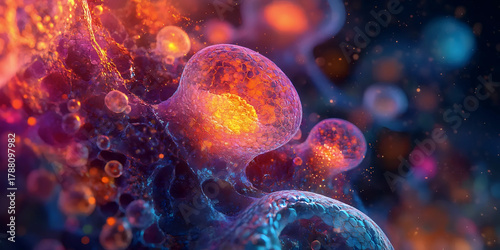 Cellular Metabolism Visualization, Biochemical Energy Process, Glowing Cell Activity
