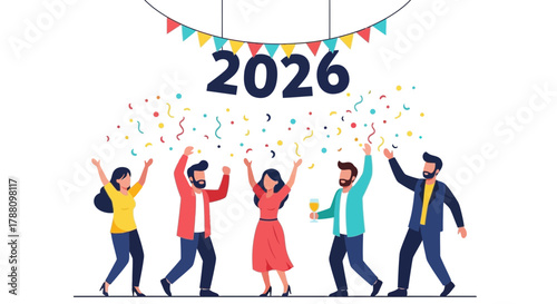Diverse group of people celebrating the arrival of the year 2026 with confetti and festive decorations