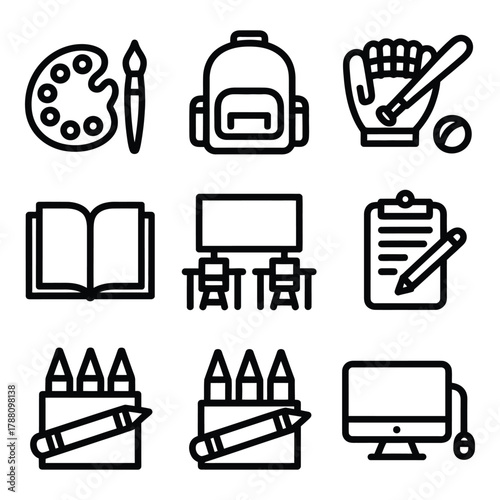 School supplies icon set for educational designs and projects vector