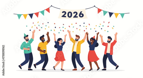 Diverse group of happy people celebrating the arrival of the year 2026 with confetti and party decorations