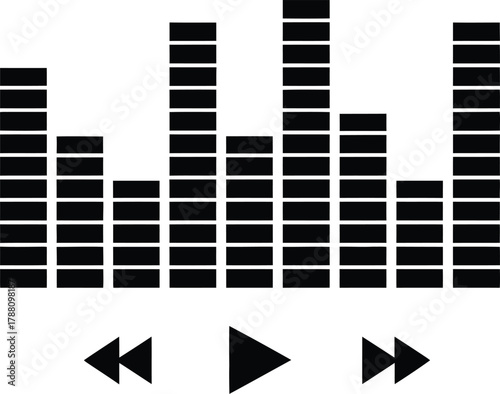 Monochrome vector icon depicting audio equalizer sound bars and media player controls: rewind, play, fast forward, ideal for digital user interface ux design.