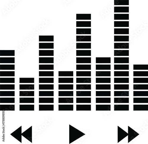 Audio equalizer bars with media player controls including rewind, play, and fast forward, depicting sound visualization and playback functionality