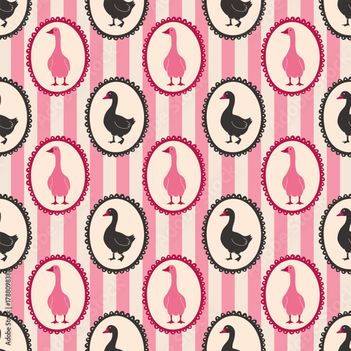 A seamless pattern with pink and black geese in decorative oval frames on a striped background.