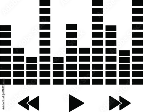 Black audio equalizer icon with sound wave visualization and music player controls. graphic representing digital media playback interface elements for sound.