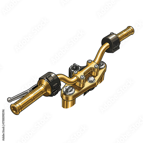 Brass hydraulic manifold with black fittings and silver bolts on a white background