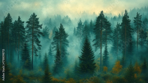Misty forest scene with tall pine trees and fog.