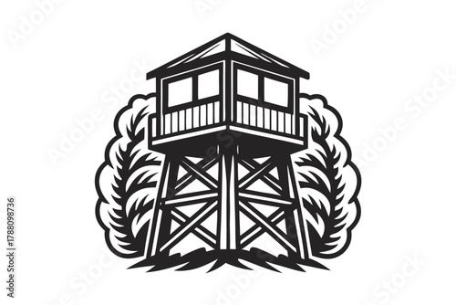 Black monochrome guard tower is constructed amid stylized flora in a image