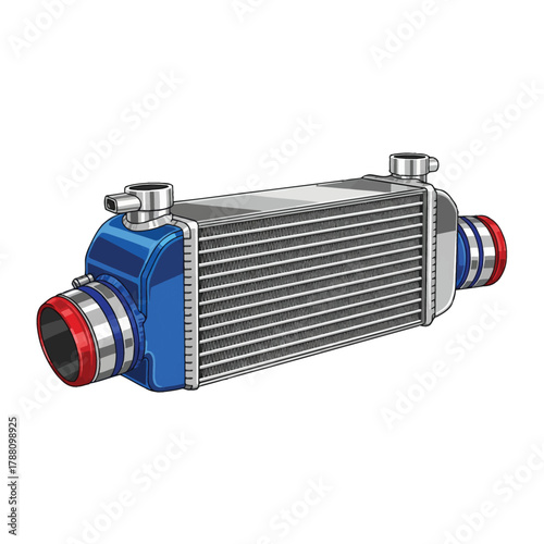 High-performance intercooler with blue and red fittings on a white background