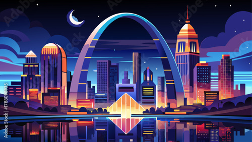 Very beautiful night view of St. Louis, Missouri, USA, featuring illuminated skyscrapers reflecting in the river, glowing city lights, and a realistic vibrant urban skyline under a dark evening sky.