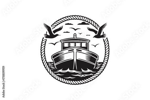 Black silhouette boat is sailing as birds fly in the nautical rope frame