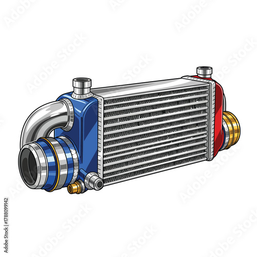 Detailed illustration of a car intercooler with blue and red components